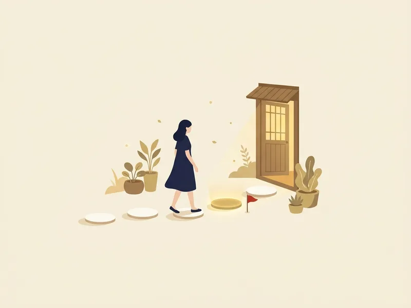 Minh họa cô gái áo chàm bước trên lối đá trong vườn về phía cánh cửa gỗ sáng đèn, một phiến đá phía trước phát sáng vàng cạnh lá cờ nhỏ màu đỏ