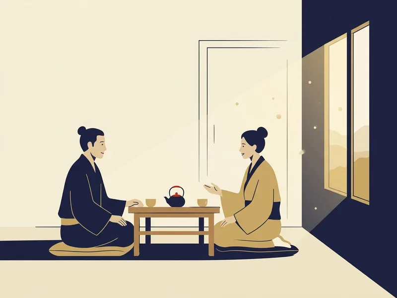 Minh họa hai người ngồi hai bên chiếc bàn thấp có ấm trà, đang trò chuyện