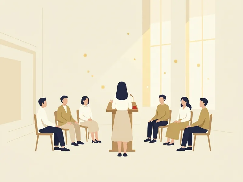 Minh họa một người đứng nói trước nhóm người ngồi nghe trong căn phòng sáng màu ngà
