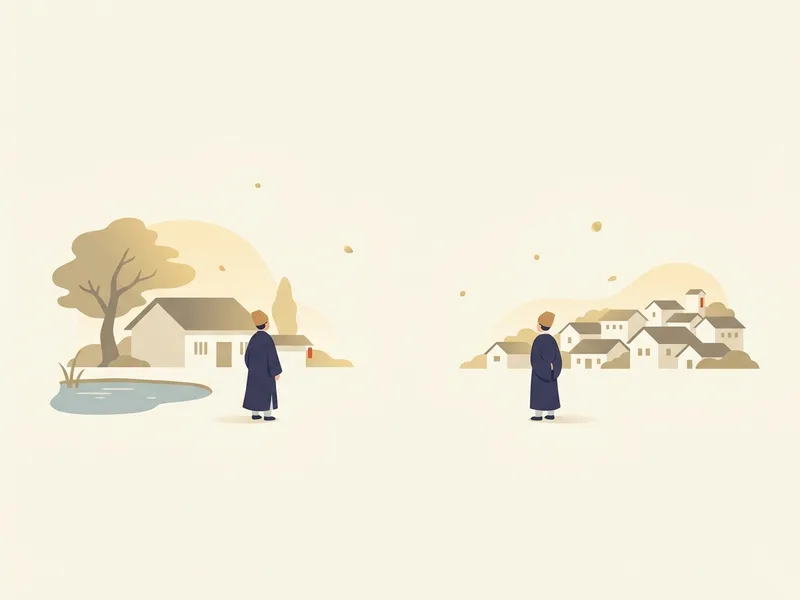 Minh họa hai người đứng cách xa nhau trên một vùng đất rộng, người bên trái trước một căn nhà cạnh ao và cây lớn, người bên phải trước một cụm mái nhà thấp san sát