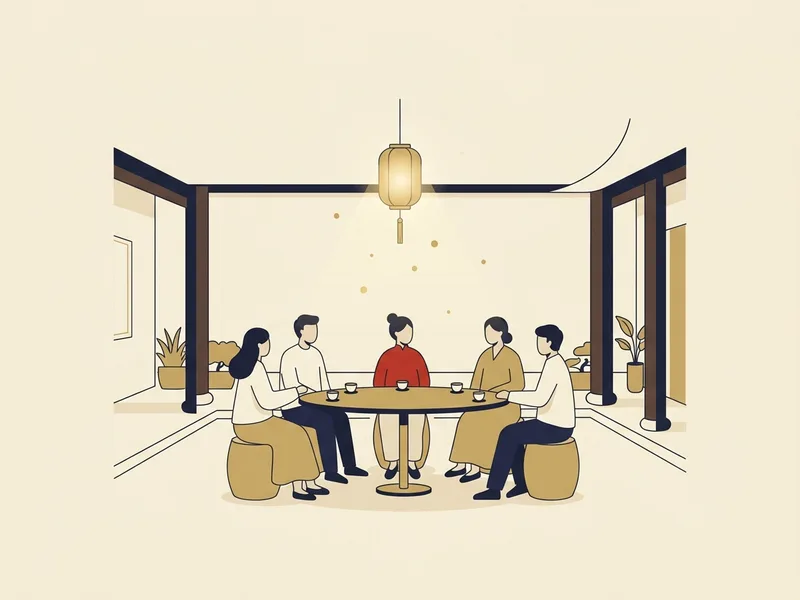 Minh họa năm người bạn ngồi quanh một chiếc bàn tròn thấp trong hiên nhà, một chiếc đèn lồng treo phía trên