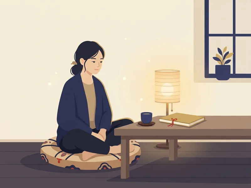 Minh họa một người ngồi bên bàn thấp, cạnh tách trà và một cuốn sổ đóng, trong ánh đèn ấm