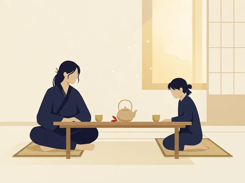 Hai người ngồi hai đầu một chiếc bàn thấp, giữa bàn có ấm trà
