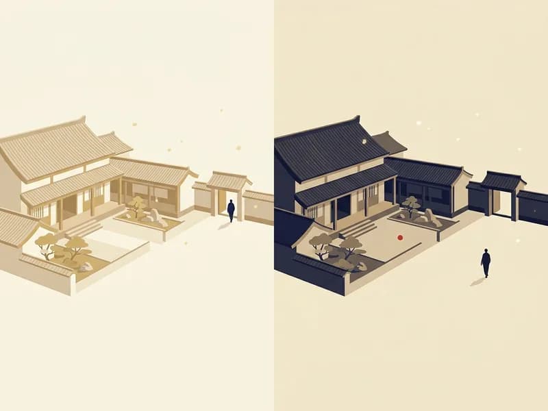 Minh họa cùng một ngôi nhà sân trong vẽ hai lần, một bên dưới ánh sáng buổi sáng, một bên dưới ánh sáng chiều tối