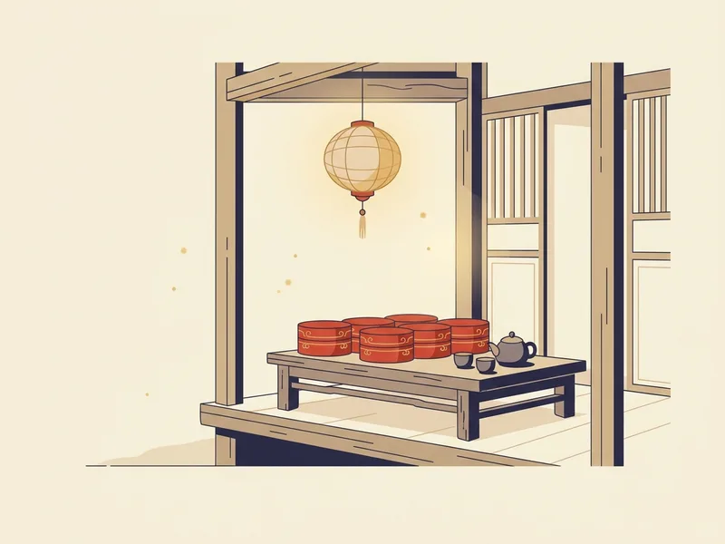 Minh họa hiên gỗ nhà Việt với dãy mâm quả sơn đỏ viền vàng đặt trên bàn thấp, bộ ấm trà nhỏ bên cạnh, đèn lồng giấy treo phía trên