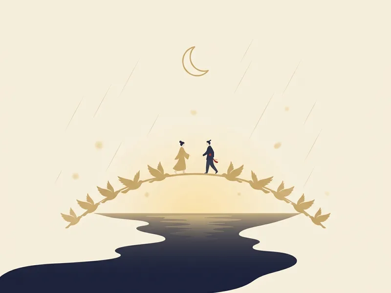 Minh họa hai bóng người nhỏ đi về phía nhau trên cây cầu cong tạo bởi đàn chim vàng bắc qua dòng sông chàm, trăng lưỡi liềm và vài vệt mưa nhẹ