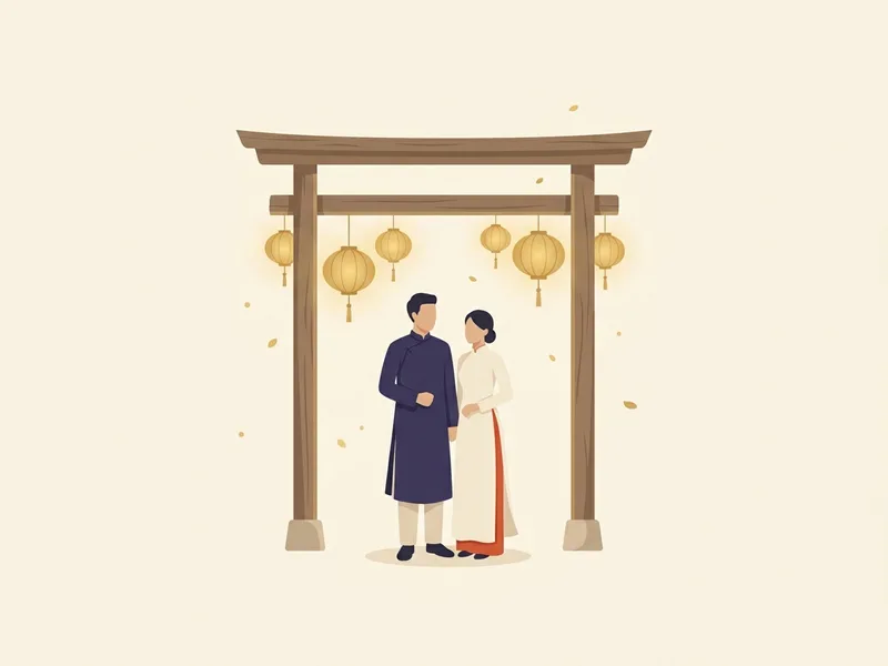 Minh họa cô dâu chú rể mặc áo dài truyền thống đứng dưới cổng gỗ treo đèn lồng vàng, chú rể áo chàm, cô dâu áo trắng ngà quàng dải vermillion