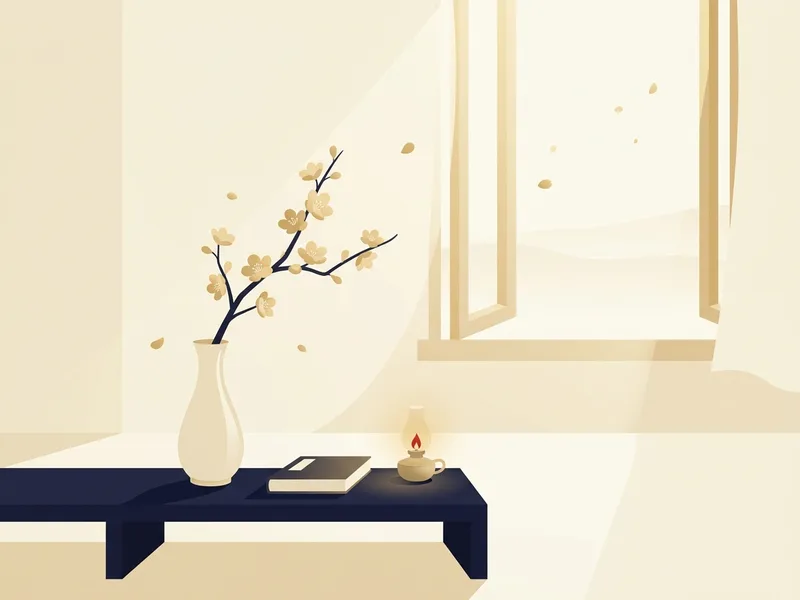 Minh họa chiếc bình gốm cắm một cành hoa vàng nhạt đặt trên bàn thấp cạnh cuốn sách gấp và chiếc đèn dầu nhỏ