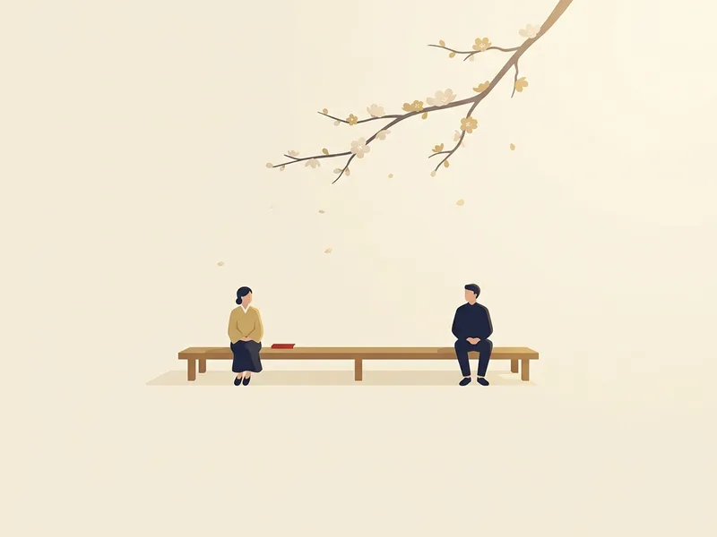 Minh họa hai người ngồi cách nhau trên một chiếc ghế dài giữa sân rộng, phía trên là cành hoa đang nở