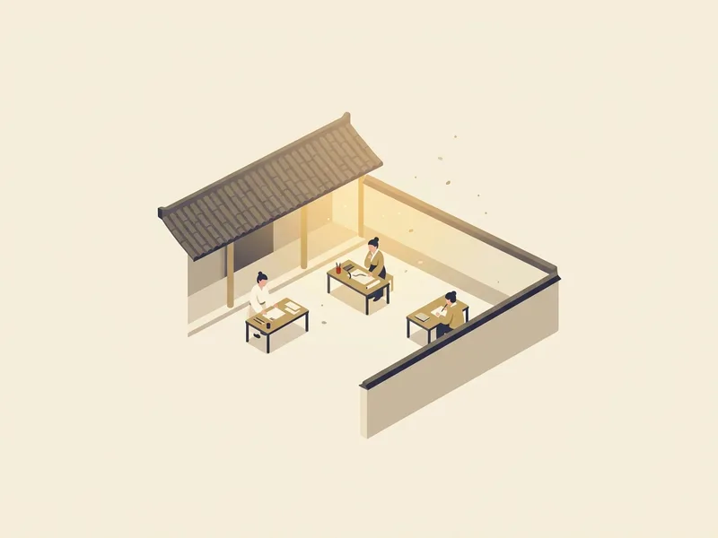 Minh họa một khoảng sân xưởng nhỏ nhìn từ xa, ba người ngồi làm việc ở ba chiếc bàn thấp đặt cách nhau, mái ngói một bên và bức tường thấp một bên, nắng chiều vàng ấm