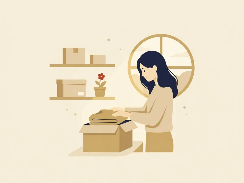 Minh họa cô gái xếp quần áo vào thùng hàng trong tiệm nhỏ gọn gàng, kệ hàng phía sau và chậu hoa đỏ bên cửa sổ tròn