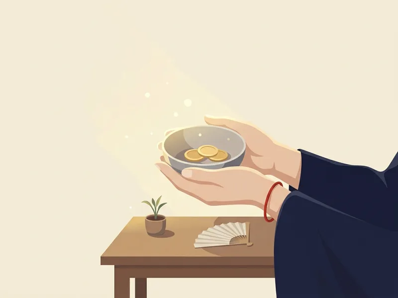 Minh họa đôi bàn tay nâng chiếc bát gốm đựng vài đồng xu vàng, trên bàn gỗ có chậu cây nhỏ và chiếc quạt giấy