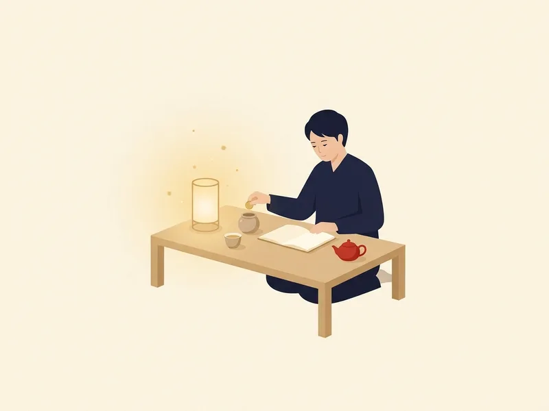 Minh họa người mặc áo chàm ngồi bên bàn gỗ thấp, thả một đồng xu vàng vào hũ gốm nhỏ cạnh cuốn sổ trắng và ấm trà đỏ