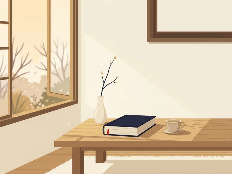 Minh họa chiếc bàn gỗ bên cửa sổ mở, trên bàn có cuốn sách dày đóng lại, một tách trà và cành cây chớm nụ trong bình nhỏ