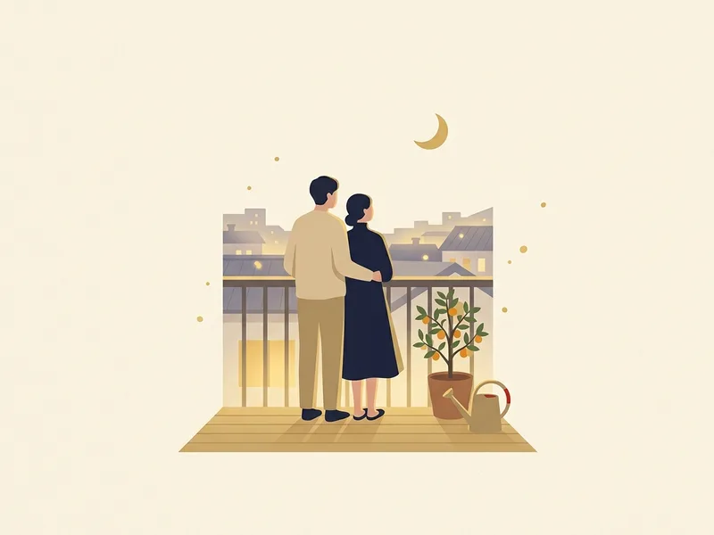Minh họa đôi vợ chồng đứng trên ban công căn hộ mới lúc chạng vạng, cạnh chậu quất và bình tưới, trăng lưỡi liềm vàng trên những mái nhà