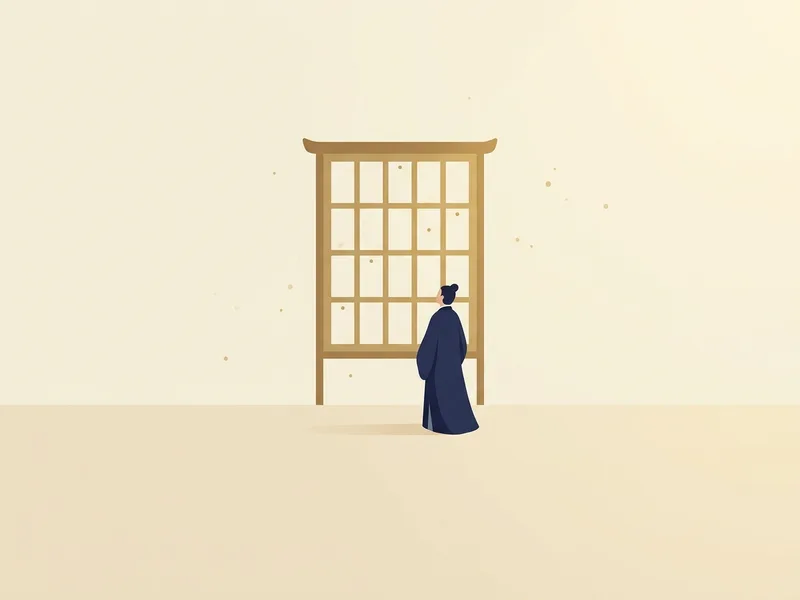 Minh họa một người mặc áo dài màu xanh đậm đứng lùi xa nhìn lên tấm bảng gỗ cao chia thành lưới các ô vuông để trống, nền sân rộng màu ngà
