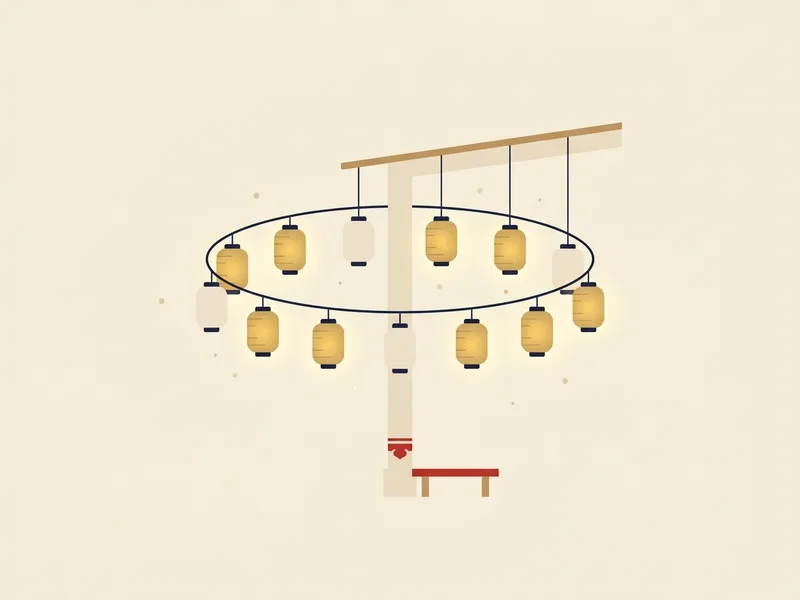 Minh họa một vòng đèn lồng giấy treo từ thanh gỗ ngang trong sân trống, phần lớn đèn thắp sáng màu vàng ấm, vài chiếc để không thắp màu ngà