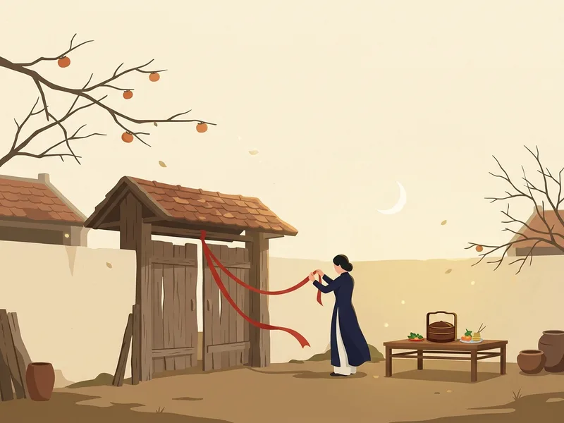 Minh họa người phụ nữ mặc áo dài chàm buộc dải lụa đỏ lên cổng gỗ của ngôi nhà cổ, bên cạnh là bàn gỗ thấp đặt tráp trầu cau, cành hồng trĩu quả và trăng lưỡi liềm trên nền trời ngà