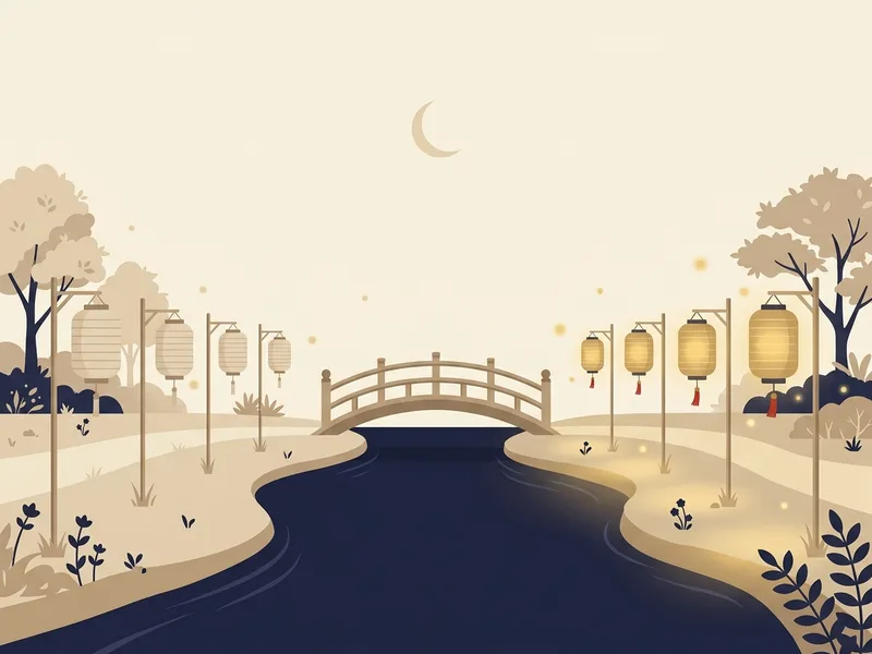 Minh họa dòng suối chàm chia khu vườn thành hai bờ, bờ trái là dãy đèn lồng giấy chưa thắp, bờ phải là dãy đèn lồng vàng đang sáng, nối nhau bằng cây cầu gỗ nhỏ dưới trăng lưỡi liềm