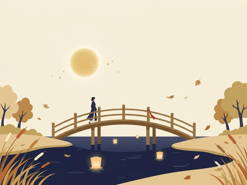 Minh họa người mặc áo dài chàm đi qua cây cầu gỗ cong trên dòng sông chàm, trăng vàng tròn thấp trên nền trời ngà, vài chiếc đèn hoa đăng sáng trôi trên mặt nước và lá thu bay