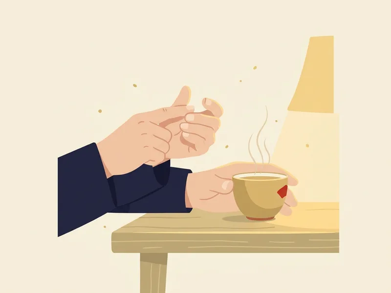 Minh họa bàn tay người lớn tuổi đang bấm đốt ngón tay bên tách trà nóng dưới ánh đèn ấm, tay áo màu chàm