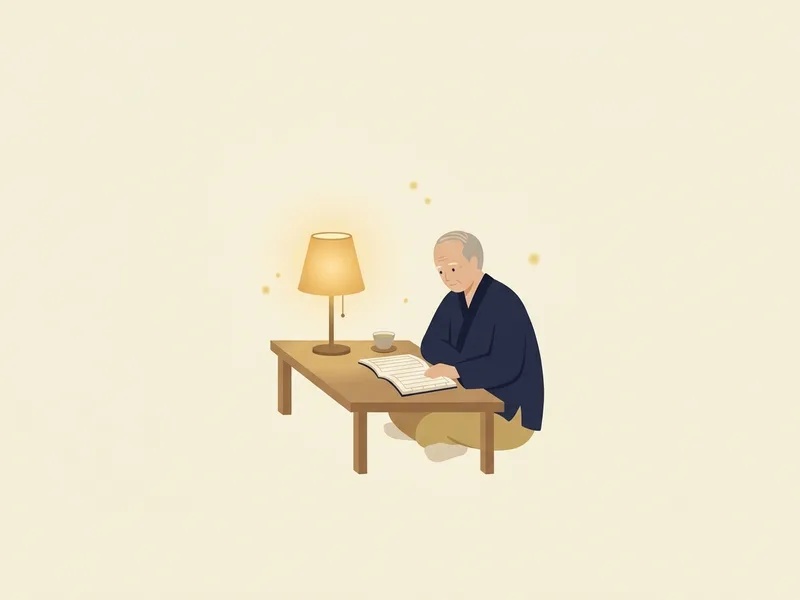 Minh họa bàn tay người lớn tuổi đang bấm đốt ngón tay bên tách trà nóng dưới ánh đèn ấm, tay áo màu chàm
