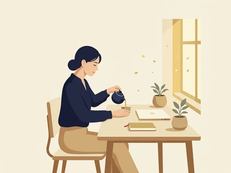 Minh họa cô gái ngồi ở bàn làm việc gọn gàng, máy tính đã gập lại, đang rót trà, bên cạnh là chậu cây nhỏ