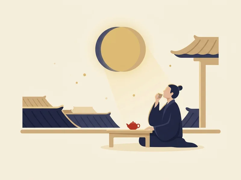 Minh họa người ngồi uống trà trên sân thượng đêm, bình thản nhìn vầng trăng vàng bị một dải bóng mềm màu chàm che một phần