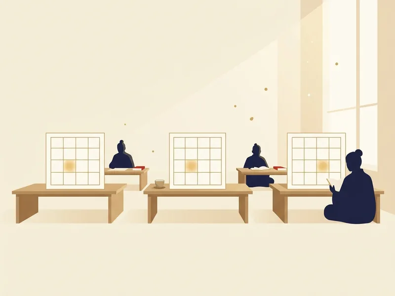 Minh họa ba chiếc bàn thấp xếp thành hàng, trên mỗi bàn là một sơ đồ ô vuông để trống với một ô sáng lên ở vị trí khác nhau