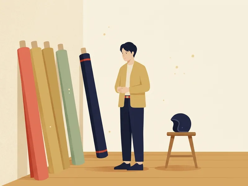 Minh họa tiệm vải yên tĩnh với những cuộn vải dựng đứng màu đỏ san hô, vàng nhạt và xanh rêu, một cuộn chàm đậm dựng tách riêng, chàng trai đứng từ xa ngắm các cuộn vải, chiếc mũ bảo hiểm đặt trên ghế gỗ bên cạnh