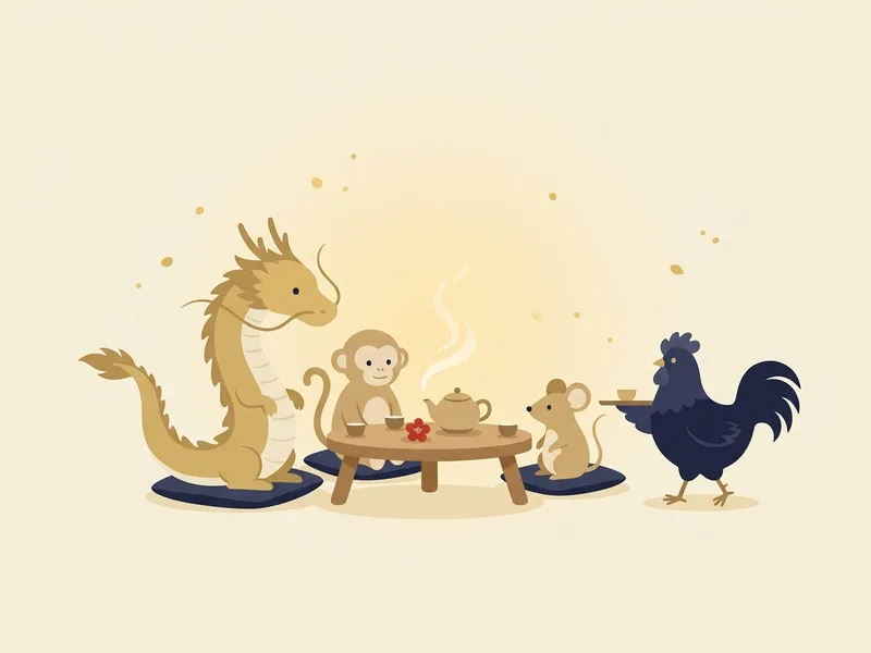 Minh họa một con rồng nhỏ vảy vàng ngồi trên đệm cùng một chú khỉ và một chú chuột quanh bàn trà gỗ thấp, ấm trà đang bốc khói, một chú gà trống lông chàm bưng khay trà bước tới, một bông hoa đỏ son đặt trên mặt bàn