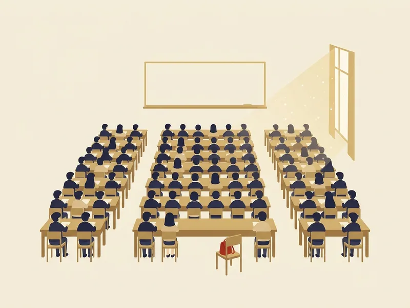 Minh họa lớp học rất đông nhìn từ phía sau và trên cao, nhiều dãy bàn gỗ dài chật kín học sinh mặc áo chàm và be ngồi sát nhau, tấm bảng trống ở đầu lớp, ánh nắng vàng đổ qua cửa sổ bên phải, một chiếc ghế trống cuối lớp có chiếc cặp đỏ son