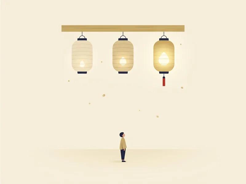 Minh họa ba chiếc đèn lồng giống hệt nhau treo trên một thanh gỗ, mỗi chiếc sáng một mức khác nhau, một người nhỏ đứng phía dưới nhìn lên