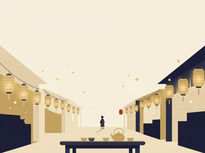 Minh họa một người đứng phía xa giữa con phố treo đèn lồng, phía trước là chiếc bàn thấp có ấm trà và mấy chiếc bát nhỏ