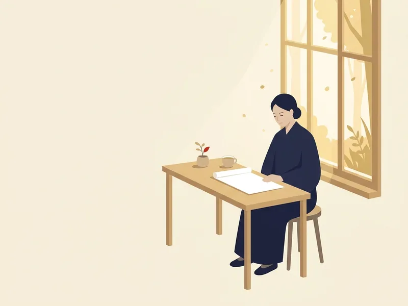 Minh họa một người ngồi bên bàn gỗ cạnh cửa sổ sáng, bình thản xem lại kế hoạch trên trang giấy trắng