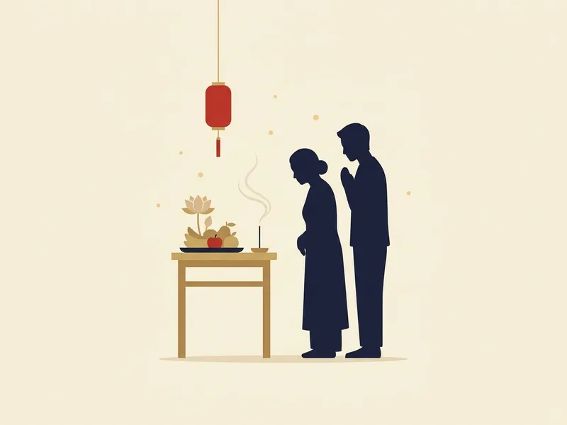 Minh họa hai mẹ con đứng trang nghiêm trước bàn nhỏ có mâm trái cây, hoa sen và nén nhang trong tháng 7 âm lịch