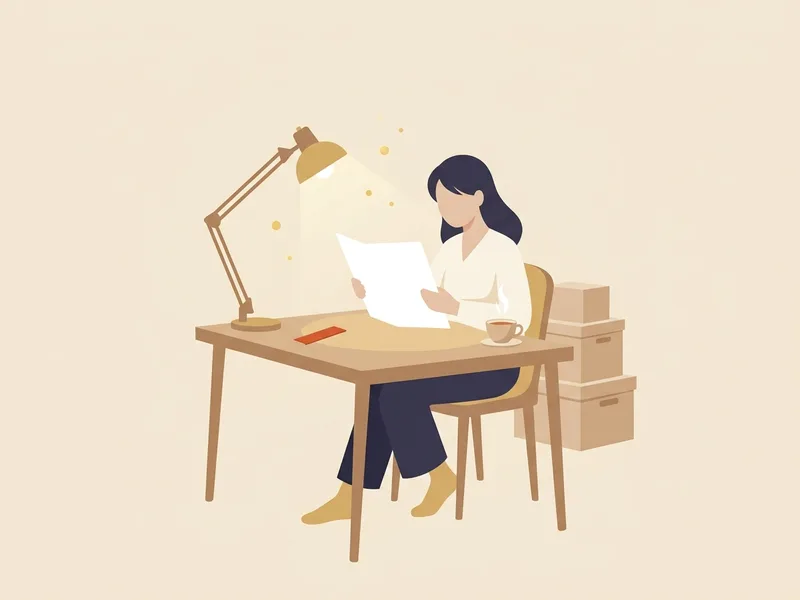 Minh họa cô gái ngồi bên bàn gỗ dưới ánh đèn ấm, bình thản đọc một tờ giấy lớn, phía sau là vài thùng đồ chuyển nhà