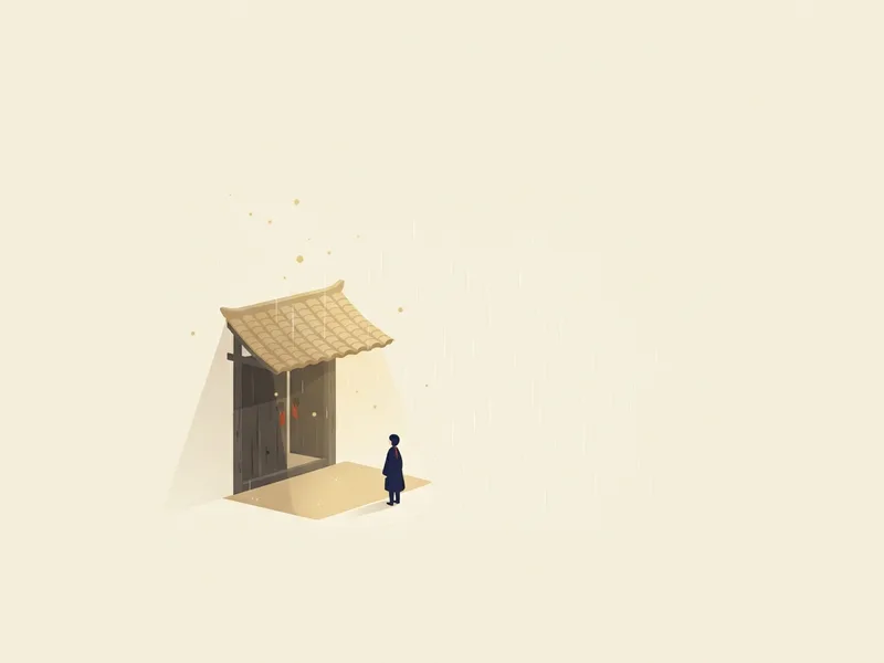 Minh họa một mái hiên ngói nhỏ trên cổng sân trong cơn mưa nhẹ, khoảng sân được che khá hẹp so với phần sân còn để trống