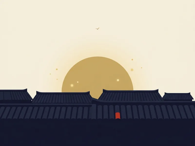 Minh họa mặt trăng vàng lớn mới nhô lên sau dãy mái ngói, bầu trời phía trên còn sáng màu ngà chứ chưa tối