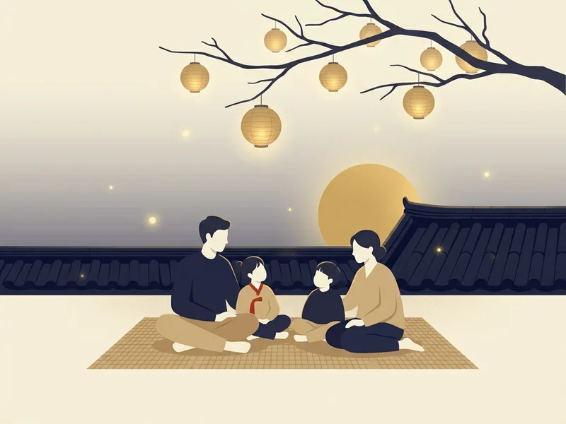 Minh họa một gia đình ngồi trên chiếu ngoài sân, những chiếc đèn lồng giấy treo trên cành cây, mặt trăng vàng lớn nhô lên phía sau mái ngói