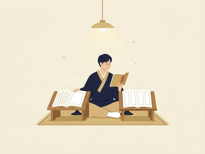 Minh họa một người ngồi giữa hai giá sách thấp, một quyển mở ra hình lưới ô vuông, quyển kia mở ra bốn dải dọc