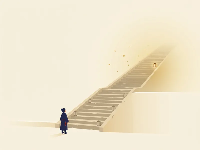 Minh họa một cầu thang đá dài dẫn lên cao, một người đứng dưới chân thang nhìn lên chiếc đèn sáng ở bậc trên cùng