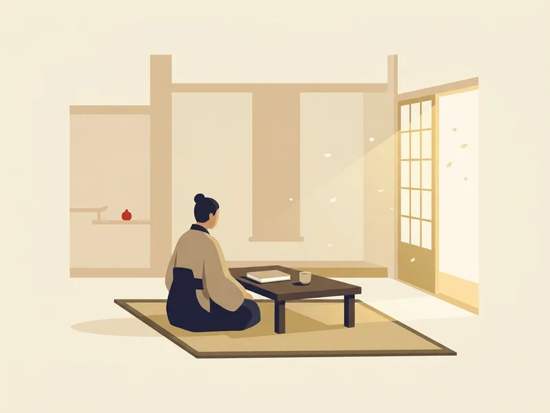 Minh họa một người ngồi bên chiếc bàn thấp có cuốn sách gấp lại và tách trà, ánh sáng buổi sáng hắt qua khung cửa mở