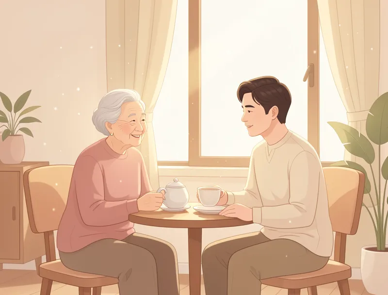 Minh họa cung Phụ Mẫu trong lá số Tử Vi — khung cảnh gia đình uống trà