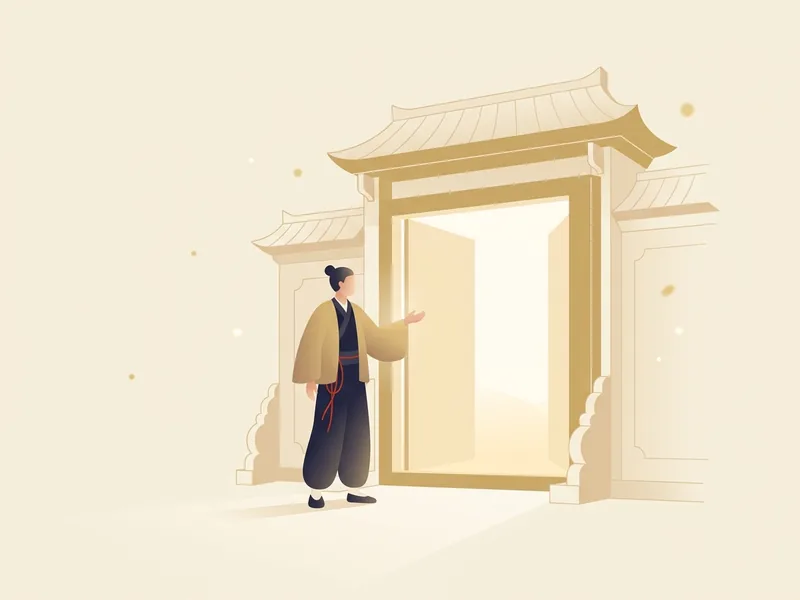 Minh họa sao Cự Môn trong Tử Vi — người đứng trước cổng đền lớn mở ra vùng sáng, tay như hé lộ điều bị che khuất