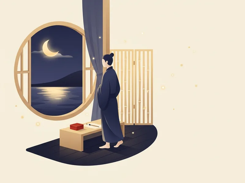 Minh họa sao Thái Âm trong Tử Vi — người lặng bên cửa sổ đêm trăng, ánh vàng dịu phản chiếu trên mặt nước tĩnh