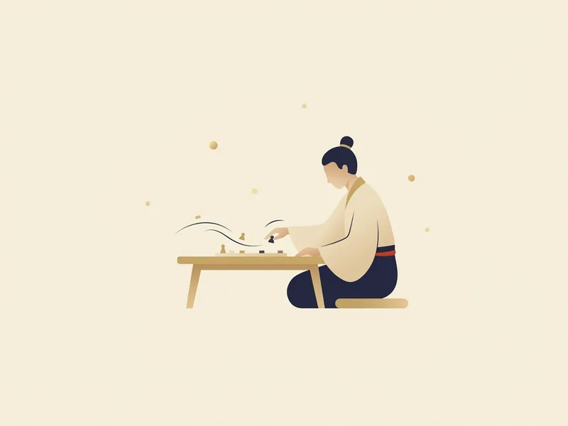 Minh họa sao Thiên Cơ trong Tử Vi — người trầm tư sắp đặt từng quân cờ, nét mực chuyển động quanh