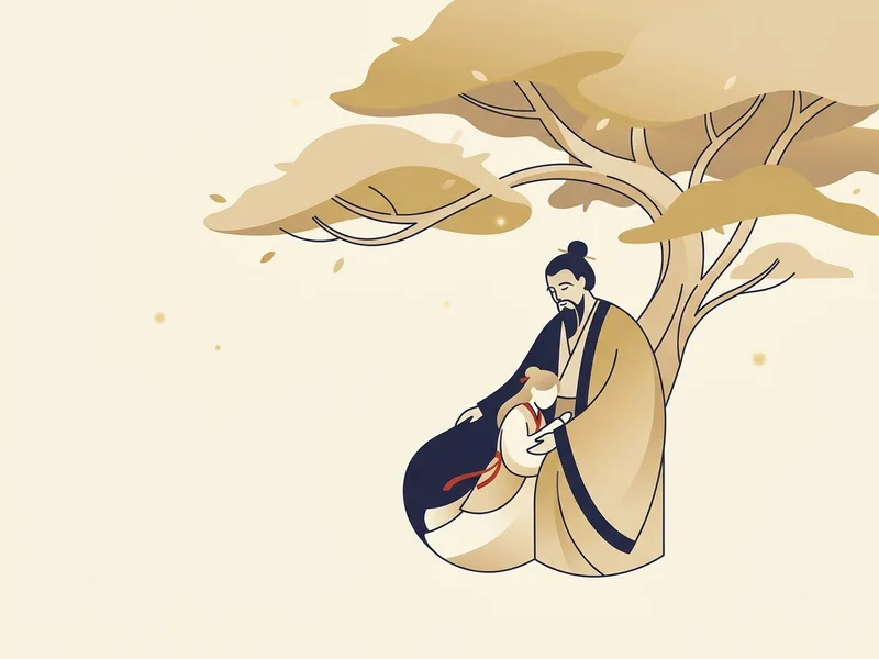 Minh họa sao Thiên Lương trong Tử Vi — người lớn dịu dàng che chở một người nhỏ dưới tán cây rộng
