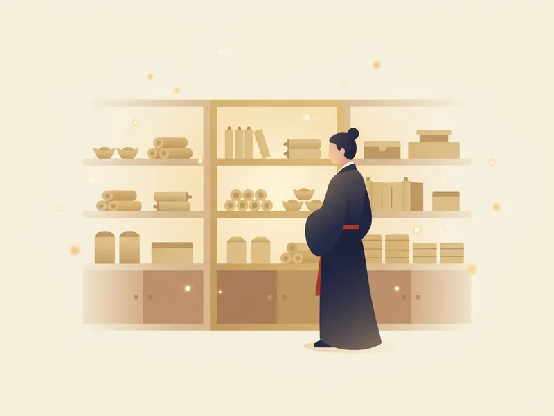 Minh họa sao Thiên Phủ trong Tử Vi — người coi giữ đứng trước dãy kệ kho vàng ấm áp, ngăn nắp