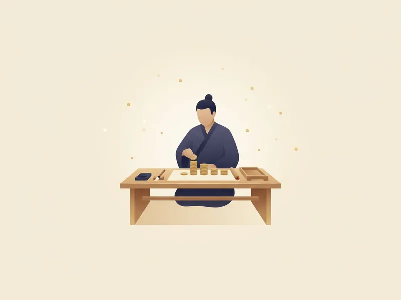 Minh họa sao Vũ Khúc trong Tử Vi — người vững vàng xếp gọn tiền vàng bên chiếc bàn làm việc ngăn nắp